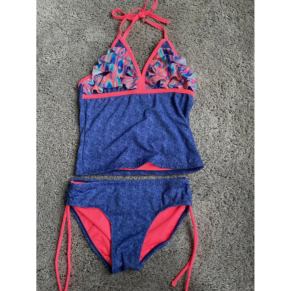 Justice Girls Blue Pink Geometric Ruffle Tankini Two Piece Swimsuit Size 10